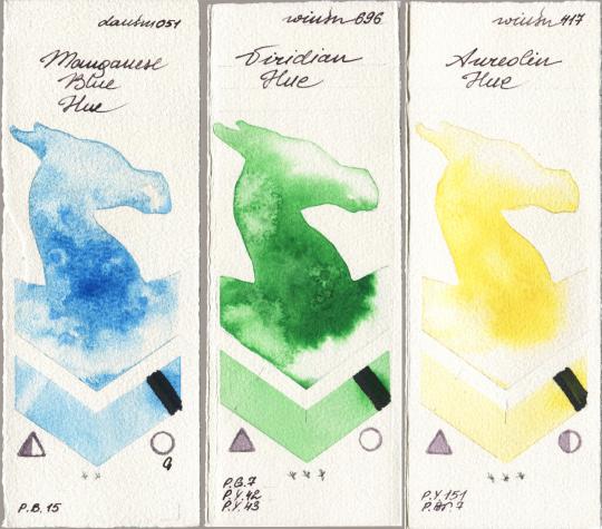 Daniel Smith 051 Manganese Blue Hue vs Winsor & Newton Professional 696 Viridian Hue vs 417 Aureolin Hue watercolor swatch