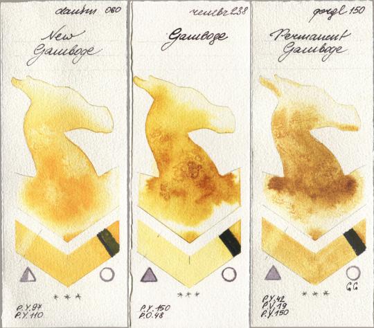 Daniel Smith 060 New Gamboge, Royal Talens Rembrandt Watercolour 238 Gamboge, Golden QOR 150 Permanent Gambo watercolor swatch