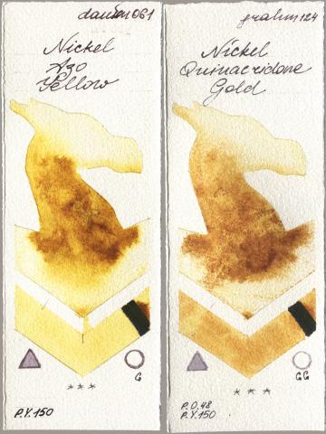 Daniel Smith 061 Nickel Azo Yellow, M. Graham & Co. Artists 124 Nickel Quinacridone Go watercolor swatch