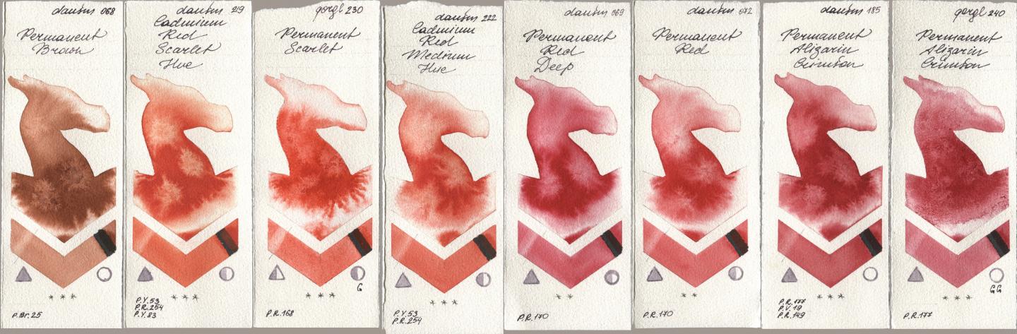 Daniel Smith 068 Permanent Brown, 219 Cadmium Red Scarlet Hue, Golden QOR 230 Permanent Scarlet, 222 Cadmium Red Medium Hue, 069 Permanent Red Deep, 072 Permanent Red, 185 Permanent Alizarin Crimson, 240 Permanent Alizarin Crims watercolor swatch