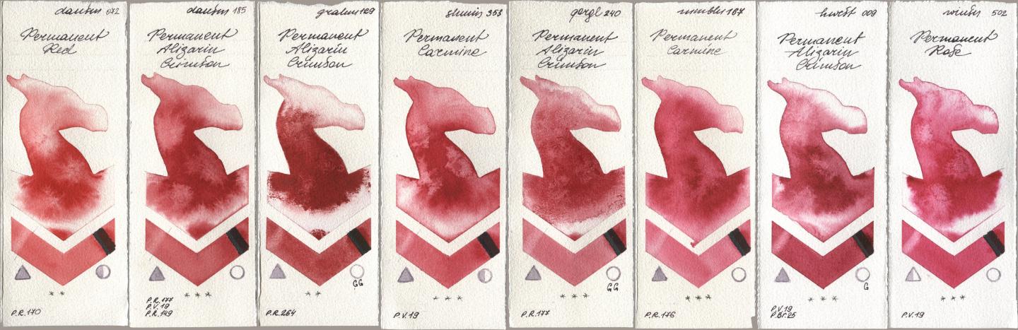 Daniel Smith 072 Permanent Red, 185 Permanent Alizarin Crimson, M. Graham & Co. Artists 129 Permanent Alizarin Crimson, Shminke Horadam Aquarell 353 Permanent Carmine, Golden QOR 240 Permanent Alizarin Crimson, Maimeri Blu 167 Permanent Carmine, Holbein Artists Watercolor 009 Permanent Alizarin Crimson, Winsor & Newton Professional 502 Permanent Ro watercolor swatch