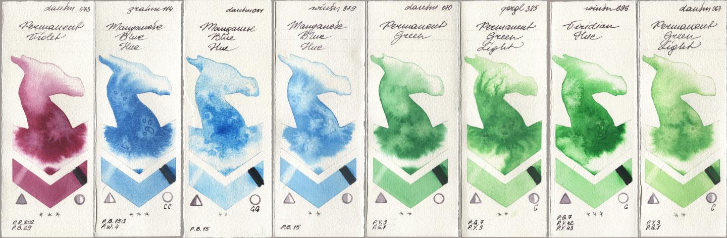 Daniel Smith 073 Permanent Violet, M. Graham & Co. Artists 114 Manganese Blue Hue, 051 Manganese Blue Hue, Winsor & Newton Professional 379 Manganese Blue Hue, 070 Permanent Green, Golden QOR 385 Permanent Green Light, 696 Viridian Hue, 067 Permanent Green Lig watercolor swatch