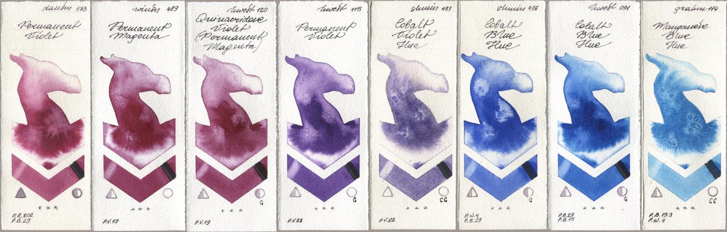 Daniel Smith 073 Permanent Violet, Winsor & Newton Professional 489 Permanent Magenta, Holbein Artists Watercolor 120 Quinacridone Violet (Permanent Magenta), 115 Permanent Violet, Shminke Horadam Aquarell 473 Cobalt Violet Hue, 486 Cobalt Blue Hue, 091 Cobalt Blue Hue, M. Graham & Co. Artists 114 Manganese Blue H watercolor swatch