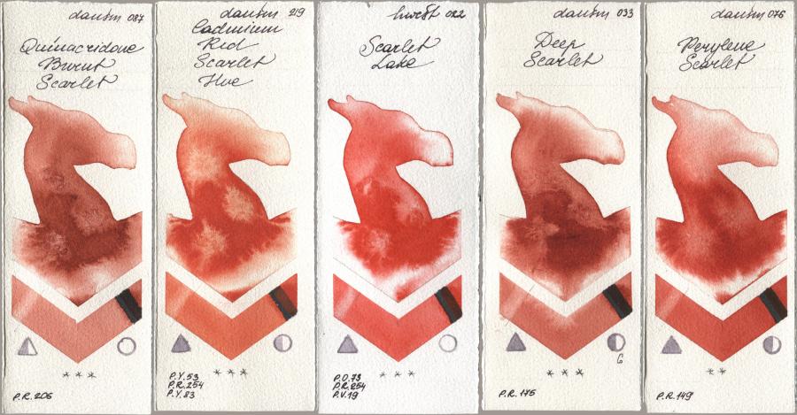 Daniel Smith 087 Quinacridone Burnt Scarlet, 219 Cadmium Red Scarlet Hue, Holbein Artists Watercolor 022 Scarlet Lake, 033 Deep Scarlet, 076 Perylene Scarl watercolor swatch