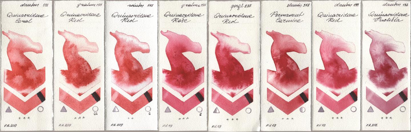 Daniel Smith 088 Quinacridone Coral, M. Graham & Co. Artists 155 Quinacridone Red, Winsor & Newton Professional 548 Quinacridone Red, 156 Quinacridone Rose, Golden QOR 235 Quinacridone Red, Shminke Horadam Aquarell 353 Permanent Carmine, 091 Quinacridone Red, 132 Quinacridone Fuchs watercolor swatch
