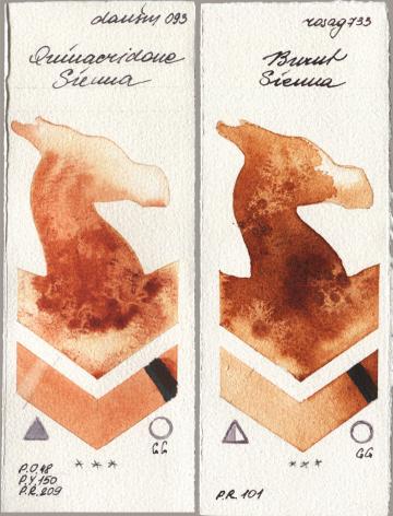 Daniel Smith 093 Quinacridone Sienna, Rosa Gallery 733 Burnt Sien watercolor swatch