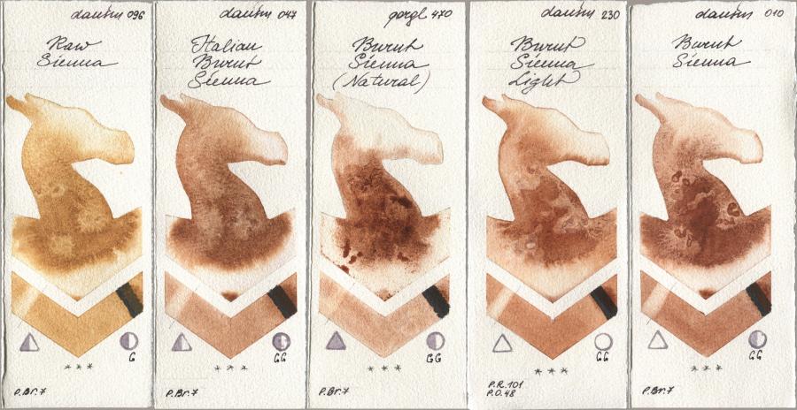 Daniel Smith 096 Raw Sienna, 047 Italian Burnt Sienna, Golden QOR 470 Burnt Sienna (Natural), 230 Burnt Sienna Light, 010 Burnt Sien watercolor swatch