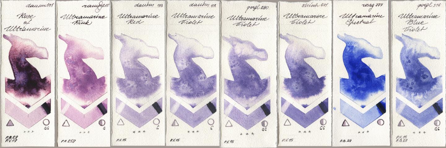 Daniel Smith 101 Rose of Ultramarine, Roman Szmal Aquarius 215 Ultramarine Pink, 107 Ultramarine Red, 108 Ultramarine Violet, Golden QOR 290 Ultramarine Violet, Shinhan PWC 641 Ultramarine Violet, Rosa Gallery 777 Ultramarine Spectral, 316 Ultramarine Blue Viol watercolor swatch