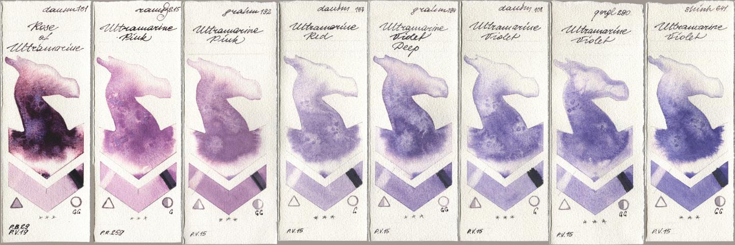 Daniel Smith 101 Rose of Ultramarine, Roman Szmal Aquarius 215 Ultramarine Pink, M. Graham & Co. Artists 192 Ultramarine Pink, 107 Ultramarine Red, 194 Ultramarine Violet Deep, 108 Ultramarine Violet, Golden QOR 290 Ultramarine Violet, Shinhan PWC 641 Ultramarine Viol watercolor swatch