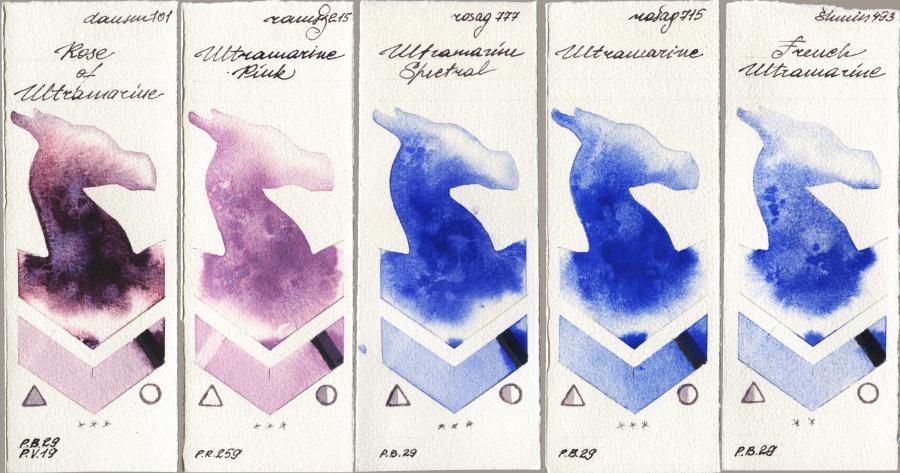 Daniel Smith 101 Rose of Ultramarine vs Roman Szmal Aquarius 215 Ultramarine Pink vs Rosa Gallery 777 Ultramarine Spectral vs 715 Ultramarine vs Shminke Horadam Aquarell 493 French Ultramarine watercolor swatch