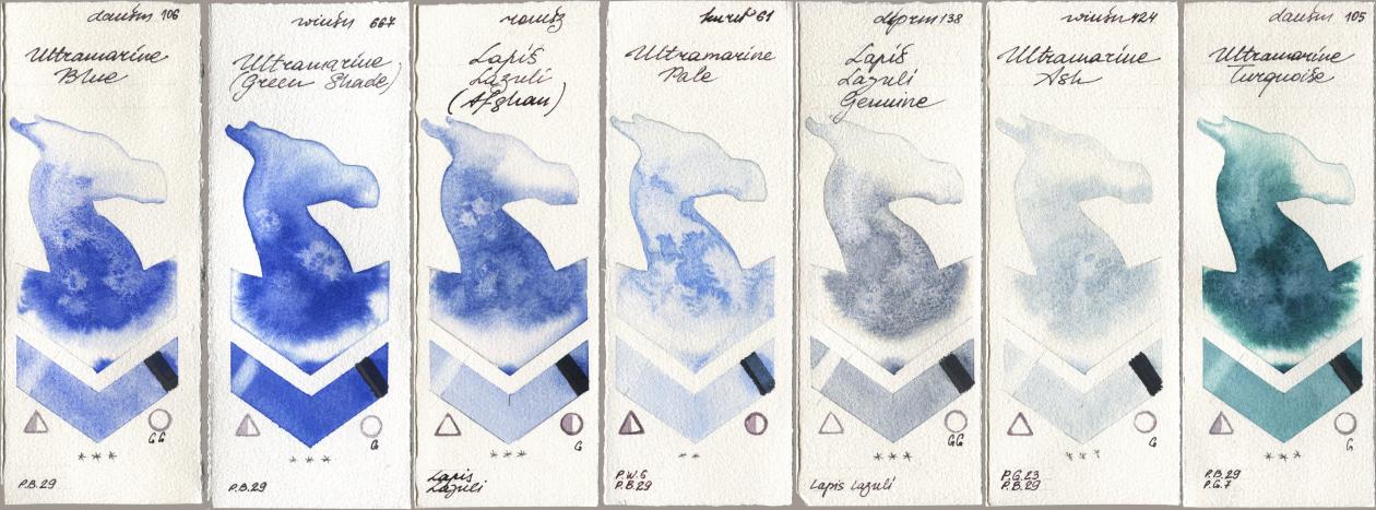 Daniel Smith 106 Ultramarine Blue, Winsor & Newton Professional 667 Ultramarine (Green Shade), Roman Szmal Aquarius 999 Lapis Lazuli Afghan, Kuretake Gansai Tambi 061 Ultramarine Pale, 138 Lapis Lazuli Genuine, 424 Ultramarine Ash, 105 Ultramarine Turquoi watercolor swatch