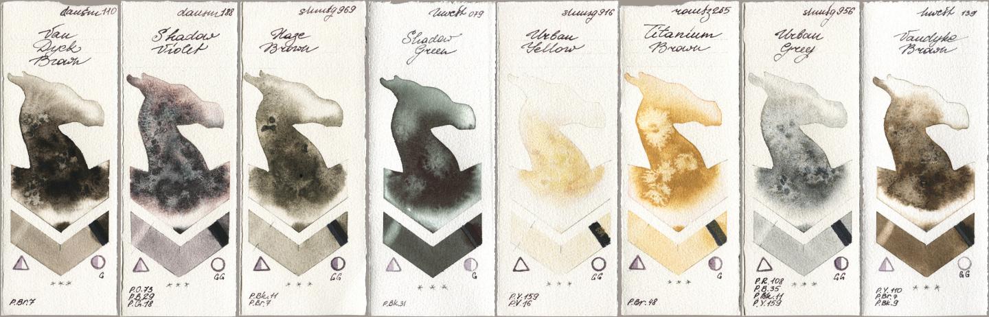 Daniel Smith 110 Van Dyck Brown, 188 Shadow Violet, Shminke Horadam Aquarell 969 Haze Brown, Holbein Artists Watercolor 079 Shadow Green, 916 Urban Yellow, Roman Szmal Aquarius 265 Titanium Brown, 956 Urban Grey, 139 Vandyke Bro watercolor swatch