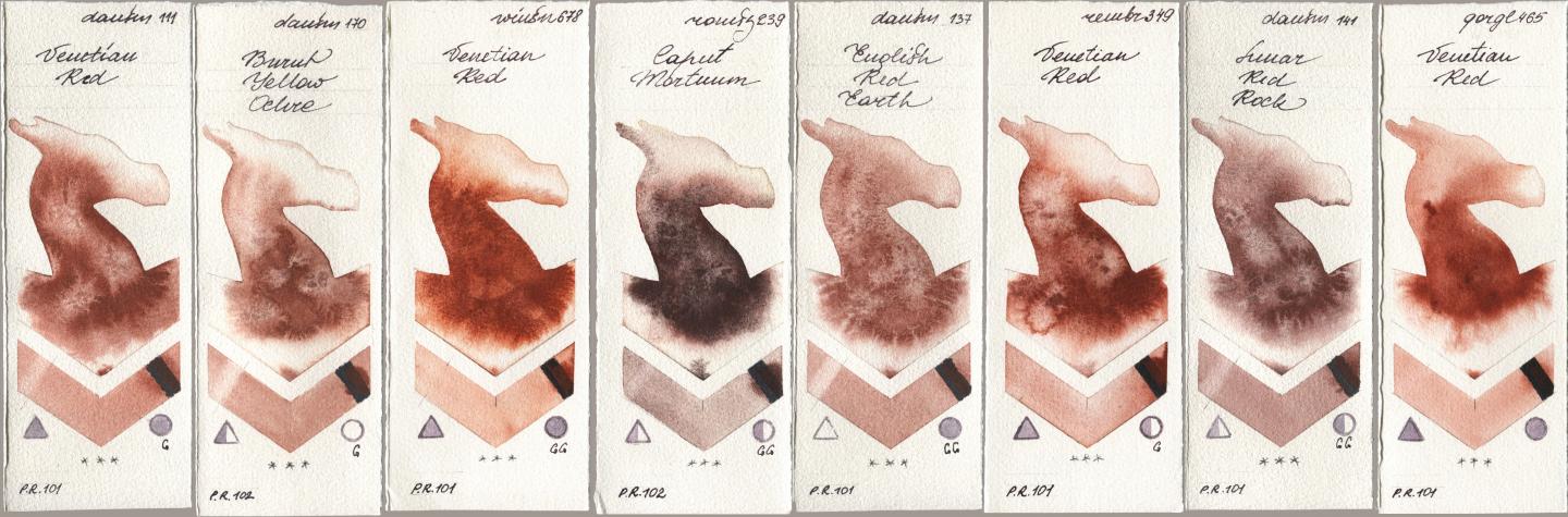 Daniel Smith 111 Venetian Red, 170 Burnt Yellow Ochre, Winsor & Newton Professional 678 Venetian Red, Roman Szmal Aquarius 239 Caput Mortuum, 137 English Red Earth, Royal Talens Rembrandt Watercolour 349 Venerian Red, 141 Lunar Red Rock, Golden QOR 465 Venetian R watercolor swatch