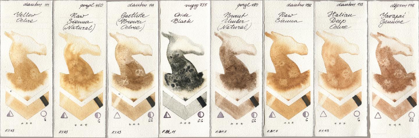 Daniel Smith 114 Yellow Ochre, Golden QOR 450 Raw Sienna (Natural), 144 Goethite (Brown Ochre), Royal Talens Van Gogh Watercolour 735 Oxide Black, 480 Burnt Umber (Natural), 096 Raw Sienna, 135 Italian Deep Ochre, 146 Yavapai Genui watercolor swatch