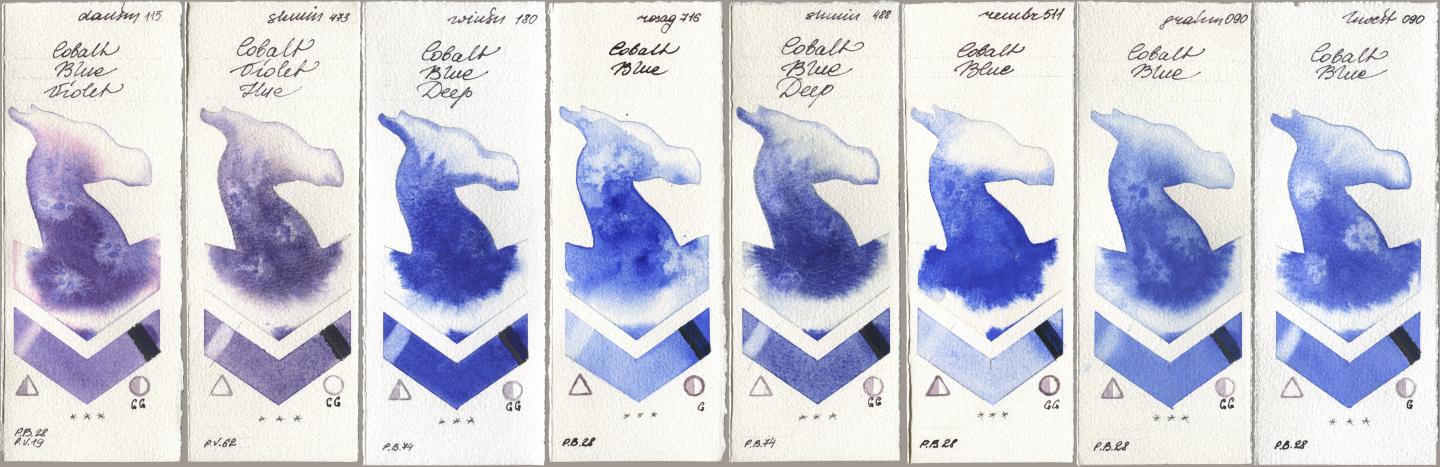 Daniel Smith 115 Cobalt Blue Violet, Shminke Horadam Aquarell 473 Cobalt Violet Hue, Winsor & Newton Professional 180 Cobalt Blue Deep, Rosa Gallery 716 Cobalt Blue, 488 Cobalt Blue Deep, Royal Talens Rembrandt Watercolour 511 Cobalt Blue, M. Graham & Co. Artists 090 Cobalt Blue, Holbein Artists Watercolor 090 Cobalt Bl watercolor swatch