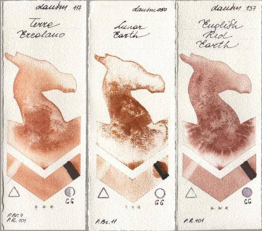 Daniel Smith 117 Terre Ercolano, 050 Lunar Earth, 137 English Red Ear watercolor swatch