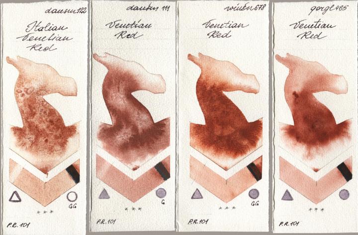 Daniel Smith 122 Italian Venetian Red, 111 Venetian Red, Winsor & Newton Professional 678 Venetian Red, Golden QOR 465 Venetian R watercolor swatch