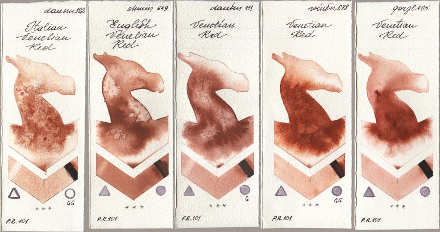 Daniel Smith 122 Italian Venetian Red, Shminke Horadam Aquarell 649 English Venetian Red, 111 Venetian Red, Winsor & Newton Professional 678 Venetian Red, Golden QOR 465 Venetian R watercolor swatch