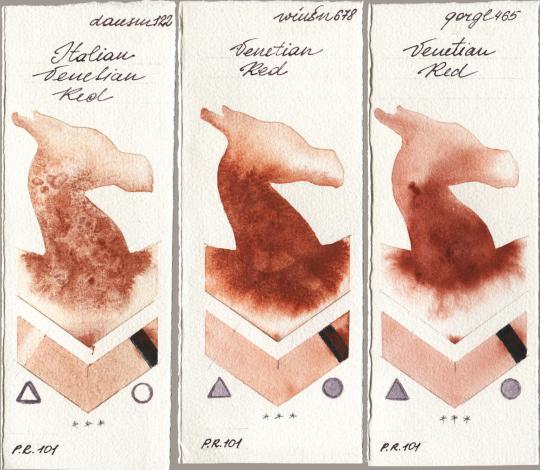 Daniel Smith 122 Italian Venetian Red vs Winsor & Newton Professional 678 Venetian Red vs Golden QOR 465 Venetian Red watercolor swatch