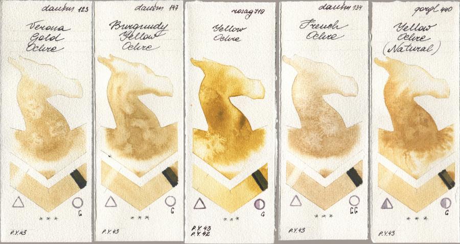 Daniel Smith 123 Verona Gold Ochre, 147 Burgundy Yellow Ochre, Rosa Gallery 719 Yellow Ochre, 134 French Ochre, Golden QOR 440 Yellow Ochre (Natura watercolor swatch
