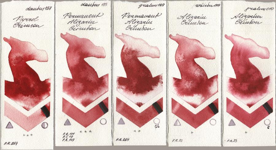 Daniel Smith 127 Pyrrol Crimson, 185 Permanent Alizarin Crimson, M. Graham & Co. Artists 129 Permanent Alizarin Crimson, Winsor & Newton Professional 004 Alizarin Crimson, 010 Alizarin Crims watercolor swatch