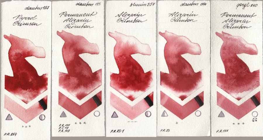 Daniel Smith 127 Pyrrol Crimson, 185 Permanent Alizarin Crimson, Shminke Horadam Aquarell 357 Alizarin Crimson, 004 Alizarin Crimson, Golden QOR 240 Permanent Alizarin Crims watercolor swatch