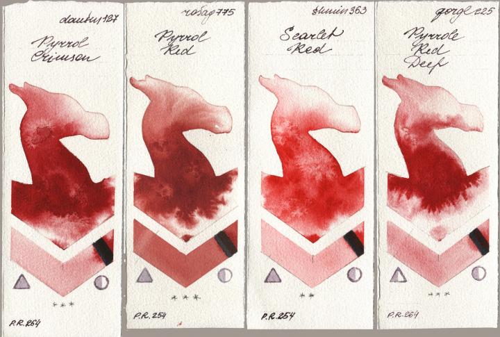 Daniel Smith 127 Pyrrol Crimson, Rosa Gallery 775 Pyrrole Red, Shminke Horadam Aquarell 363 Scarlet Red, Golden QOR 225 Pyrrole Red De watercolor swatch