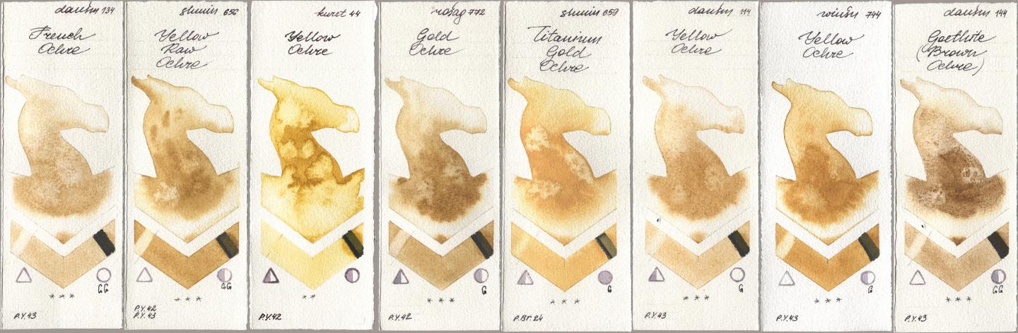 Daniel Smith 134 French Ochre, Shminke Horadam Aquarell 656 Yellow Raw Ochre, Kuretake Gansai Tambi 044 Yellow Ochre, Rosa Gallery 772 Gold Ochre, 659 Titanium Gold Ochre, 114 Yellow Ochre, Winsor & Newton Professional 744 Yellow Ochre, 144 Goethite (Brown Ochr watercolor swatch