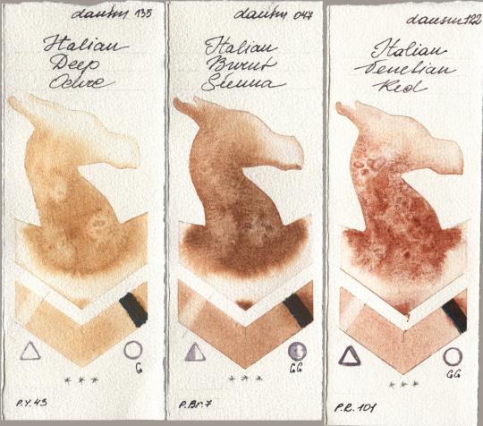 Daniel Smith 135 Italian Deep Ochre, 047 Italian Burnt Sienna, 122 Italian Venetian R watercolor swatch