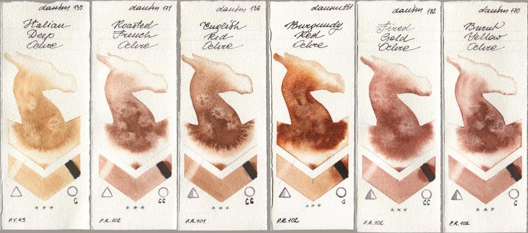 Daniel Smith 135 Italian Deep Ochre, 171 Roasted French Ochre, 136 English Red Ochre, 151 Burgundy Red Ochre, 172 Fired Gold Ochre, 170 Burnt Yellow Och watercolor swatch