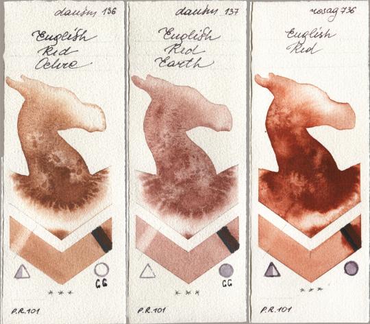 Daniel Smith 136 English Red Ochre, 137 English Red Earth, Rosa Gallery 736 English R watercolor swatch