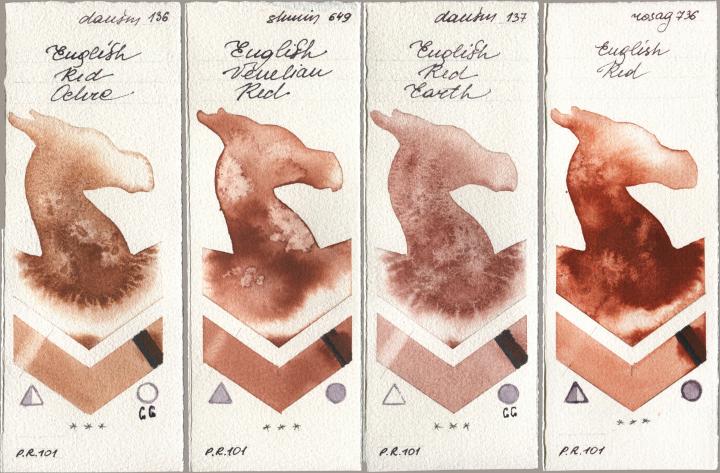 Daniel Smith 136 English Red Ochre, Shminke Horadam Aquarell 649 English Venetian Red, 137 English Red Earth, Rosa Gallery 736 English R watercolor swatch