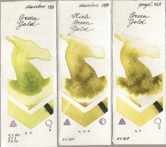 Daniel Smith 139 Green Gold, 099 Rich Green Gold, Golden QOR 425 Green Go watercolor swatch