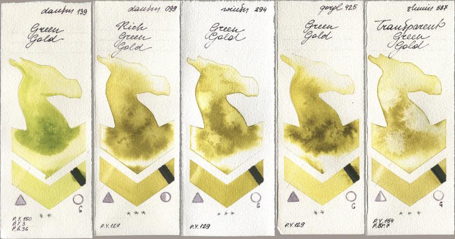 Daniel Smith 139 Green Gold, 099 Rich Green Gold, Winsor & Newton Professional 294 Green Gold, Golden QOR 425 Green Gold, Shminke Horadam Aquarell 537 Transparent Green Go watercolor swatch