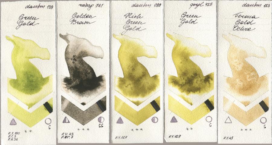 Daniel Smith 139 Green Gold, Rosa Gallery 761 Golden Brown, 099 Rich Green Gold, Golden QOR 425 Green Gold, 123 Verona Gold Och watercolor swatch