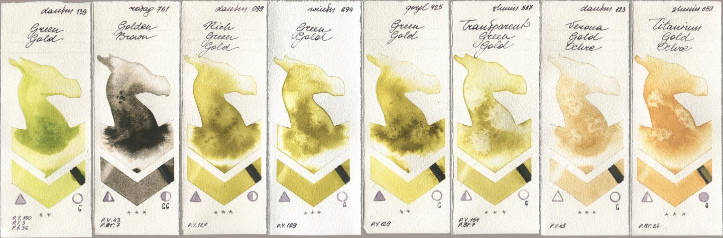 Daniel Smith 139 Green Gold, Rosa Gallery 761 Golden Brown, 099 Rich Green Gold, Winsor & Newton Professional 294 Green Gold, Golden QOR 425 Green Gold, Shminke Horadam Aquarell 537 Transparent Green Gold, 123 Verona Gold Ochre, 659 Titanium Gold Och watercolor swatch