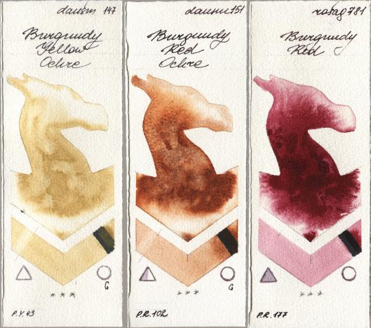 Daniel Smith 147 Burgundy Yellow Ochre, 151 Burgundy Red Ochre, Rosa Gallery 781 Burgundy R watercolor swatch