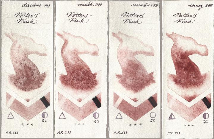Daniel Smith 148 Potters Pink, Winsor & Newton Professional 537 Potters Pink, Maimeri Blu 479 Potters Pink, Roman Szmal Aquarius 359 Potters Pi watercolor swatch