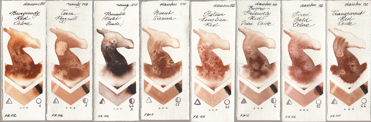 Daniel Smith 151 Burgundy Red Ochre, Roman Szmal Aquarius 119 Terra Pozzuoli, 248 Hematite (Violet Shade), 010 Burnt Sienna, 122 Italian Venetian Red, 177 Enviro-Friendly Red Iron Oxide, 172 Fired Gold Ochre, 130 Transparent Red Oxi watercolor swatch