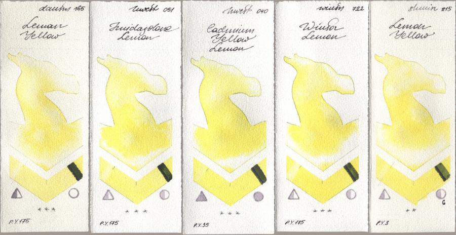 Daniel Smith 165 Lemon Yellow, Holbein Artists Watercolor 051 Imidazolone Lemon, 040 Cadmium Yellow Lemon, Winsor & Newton Professional 722 Winsor Lemon, Shminke Horadam Aquarell 215 Lemon Yell watercolor swatch