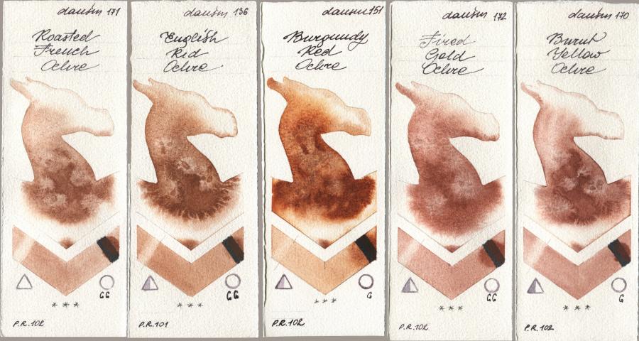 Daniel Smith 171 Roasted French Ochre, 136 English Red Ochre, 151 Burgundy Red Ochre, 172 Fired Gold Ochre, 170 Burnt Yellow Och watercolor swatch