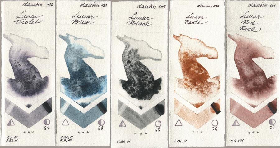 Daniel Smith 182 Lunar Violet, 183 Lunar Blue, 049 Lunar Black, 050 Lunar Earth, 141 Lunar Red Ro watercolor swatch