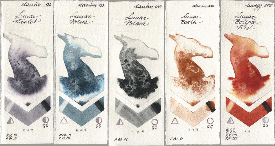 Daniel Smith 182 Lunar Violet, 183 Lunar Blue, 049 Lunar Black, 050 Lunar Earth, Holbein Artists Watercolor 505 Lunar Eclipse R watercolor swatch