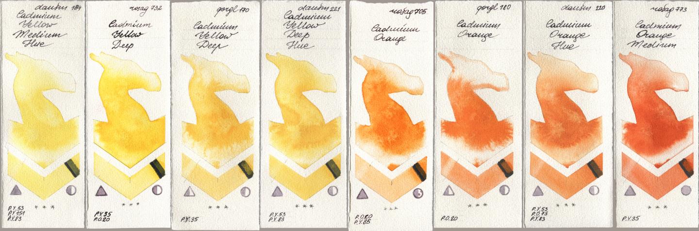 Daniel Smith 184 Cadmium Yellow Medium Hue, Rosa Gallery 732 Cadmium Yellow Deep, Golden QOR 170 Cadmium Yellow Deep, 221 Cadmium Yellow Deep Hue, 705 Cadmium Orange, 180 Cadmium Orange, 220 Cadmium Orange Hue, 773 Cadmium Orange Medi watercolor swatch