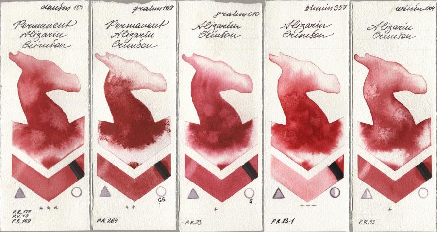 Daniel Smith 185 Permanent Alizarin Crimson, M. Graham & Co. Artists 129 Permanent Alizarin Crimson, 010 Alizarin Crimson, Shminke Horadam Aquarell 357 Alizarin Crimson, Winsor & Newton Professional 004 Alizarin Crims watercolor swatch
