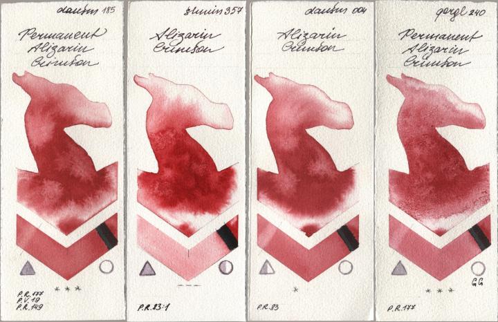 Daniel Smith 185 Permanent Alizarin Crimson, Shminke Horadam Aquarell 357 Alizarin Crimson, 004 Alizarin Crimson, Golden QOR 240 Permanent Alizarin Crims watercolor swatch