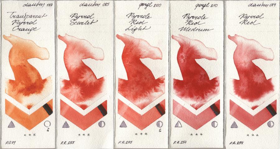 Daniel Smith 187 Transparent Pyrrol Orange, 085 Pyrrol Scarlet, Golden QOR 200 Pyrrole Red Light, 210 Pyrrole Red Medium, 084 Pyrrol R watercolor swatch