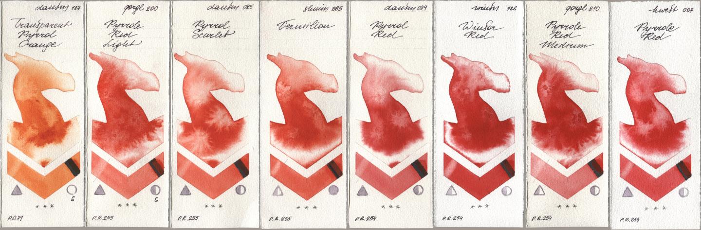 Daniel Smith 187 Transparent Pyrrol Orange, Golden QOR 200 Pyrrole Red Light, 085 Pyrrol Scarlet, Shminke Horadam Aquarell 365 Vermilion, 084 Pyrrol Red, Winsor & Newton Professional 726 Winsor Red, 210 Pyrrole Red Medium, Holbein Artists Watercolor 007 Pyrrole R watercolor swatch