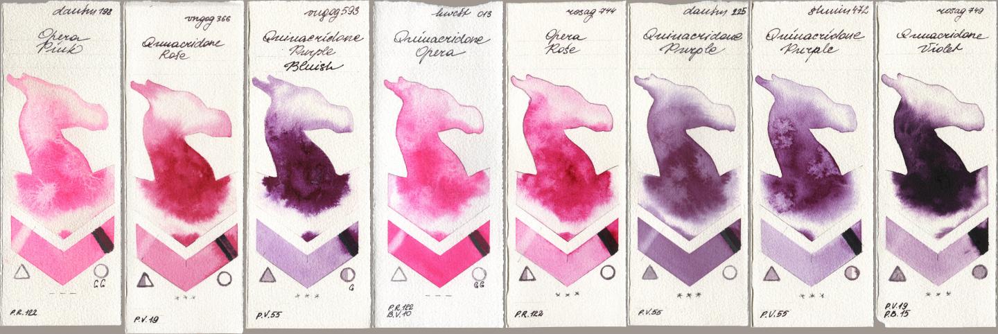 Daniel Smith 198 Opera Pink, Royal Talens Van Gogh Watercolour 366 Quinacridone Rose, 593 Quinacridone Purple Bluish, Holbein Artists Watercolor 013 Opera (Quinacridone Opera), Rosa Gallery 744 Opera Rose, 225 Quinacridone Purple, Shminke Horadam Aquarell 472 Quinacridone Purple, 749 Quinacridone Viol watercolor swatch