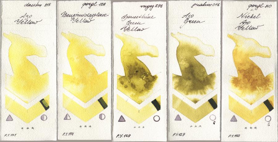Daniel Smith 215 Azo Yellow, Golden QOR 126 Benzimidazolone Yellow, Royal Talens Van Gogh Watercolour 296 Azomethine Green Yellow, M. Graham & Co. Artists 016 Azo Green, 140 Nickel Azo Yell watercolor swatch